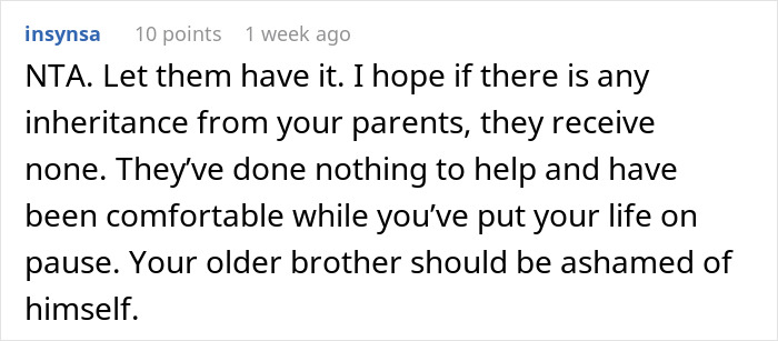 Reddit comment criticizing siblings for not helping with mom's care. Reddit comment criticizing siblings for not helping with mom's care.