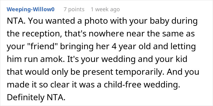 Comment defending bride for baby at child-free wedding. Comment defending bride for baby at child-free wedding.