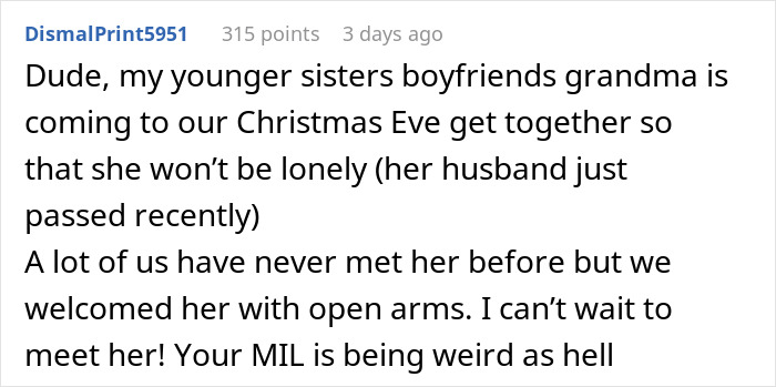 Text exchange discussing a MIL's refusal to invite a woman's mom to Christmas. Text exchange discussing a MIL's refusal to invite a woman's mom to Christmas.