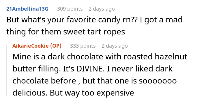 Discussion about favorite candy with a focus on dark chocolate and sweet tart ropes. Discussion about favorite candy with a focus on dark chocolate and sweet tart ropes.