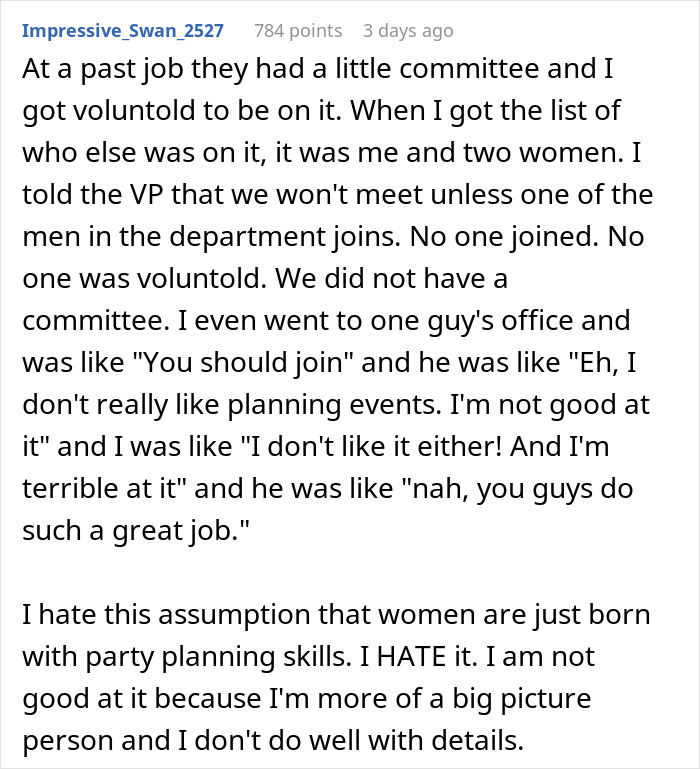 Text discussing assumptions about women and party planning roles in workplace settings. Text discussing assumptions about women and party planning roles in workplace settings.