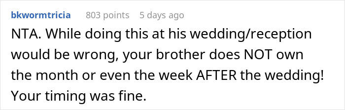 Screenshot of a comment discussing appropriate timing for a brother's wedding engagement. Screenshot of a comment discussing appropriate timing for a brother's wedding engagement.