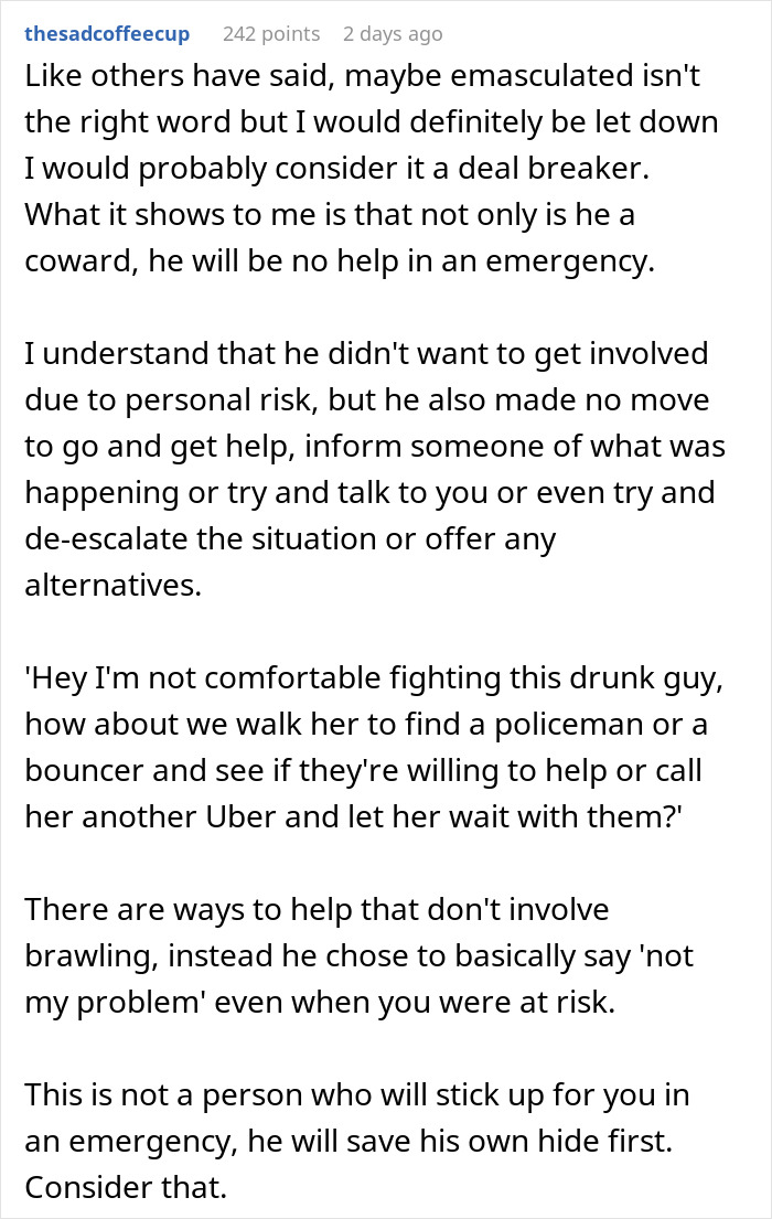 Woman questions boyfriend's masculinity after he refuses to help in emergency, considers it a deal breaker. Woman questions boyfriend's masculinity after he refuses to help in emergency, considers it a deal breaker.