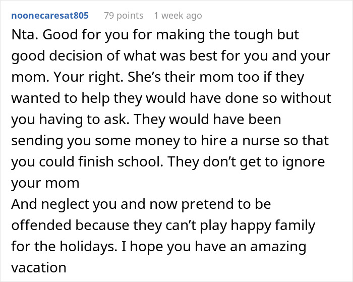 Online comment discussing care facility decision, son praised for prioritizing mom's needs while siblings ignore responsibilities. Online comment discussing care facility decision, son praised for prioritizing mom's needs while siblings ignore responsibilities.