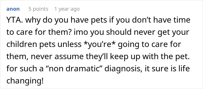 Reddit comment criticizing a parent about pet care responsibilities and a child's illness. Reddit comment criticizing a parent about pet care responsibilities and a child's illness.