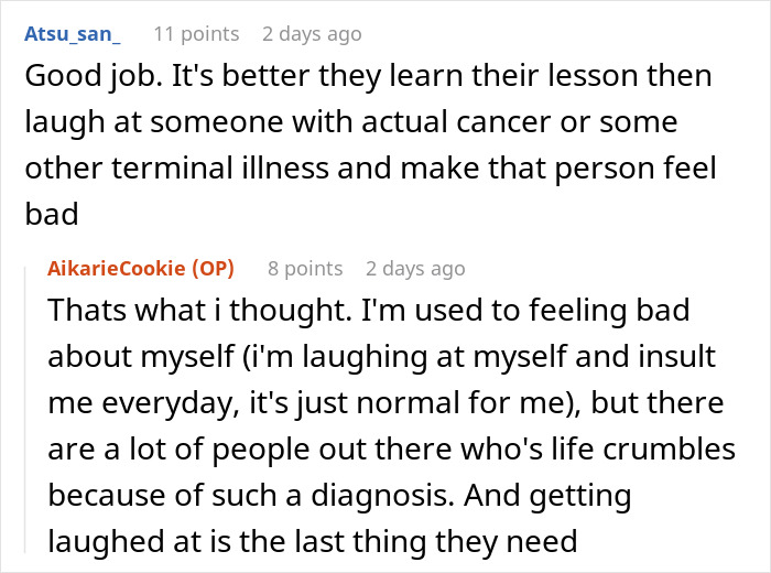 Reddit comments discussing teens learning a lesson about sensitivity towards serious illnesses. Reddit comments discussing teens learning a lesson about sensitivity towards serious illnesses.