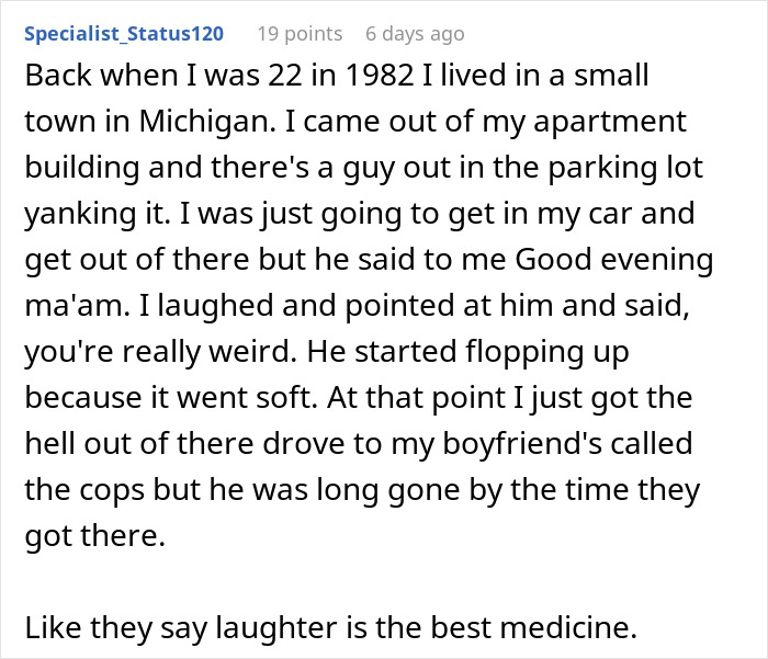 Text excerpt about an encounter with a pervert in Michigan, highlighting the woman's reaction. Text excerpt about an encounter with a pervert in Michigan, highlighting the woman's reaction.
