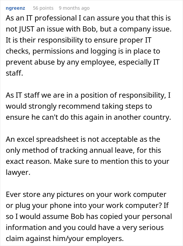 Reddit comment discussing IT professional's responsibility to prevent employee abuse. Reddit comment discussing IT professional's responsibility to prevent employee abuse.