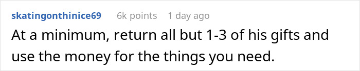 Comment suggesting returning gifts after a surprise gone wrong. Comment suggesting returning gifts after a surprise gone wrong.