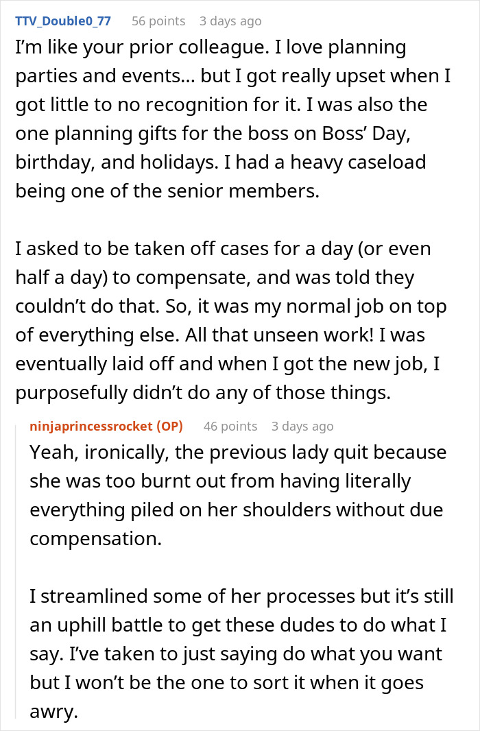 Reddit comments discussing office party planning challenges, lack of recognition, and burnout. Reddit comments discussing office party planning challenges, lack of recognition, and burnout.