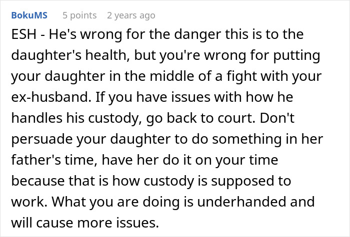Text discussing parental custody issues and feeding junk food to a daughter, emphasizing daughter’s health and court suggestions. Text discussing parental custody issues and feeding junk food to a daughter, emphasizing daughter’s health and court suggestions.