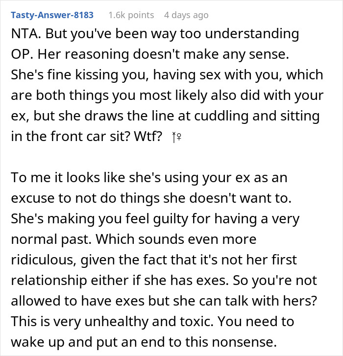 Comment about a fiance demanding to sell a car due to an ex sitting in it, calling the situation unhealthy and toxic. Comment about a fiance demanding to sell a car due to an ex sitting in it, calling the situation unhealthy and toxic.