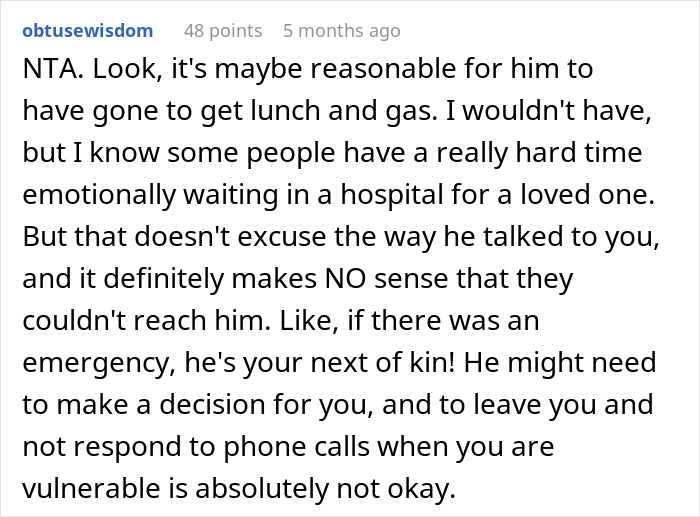 Comment discussing husband's defensiveness about leaving wife during surgery. Comment discussing husband's defensiveness about leaving wife during surgery.