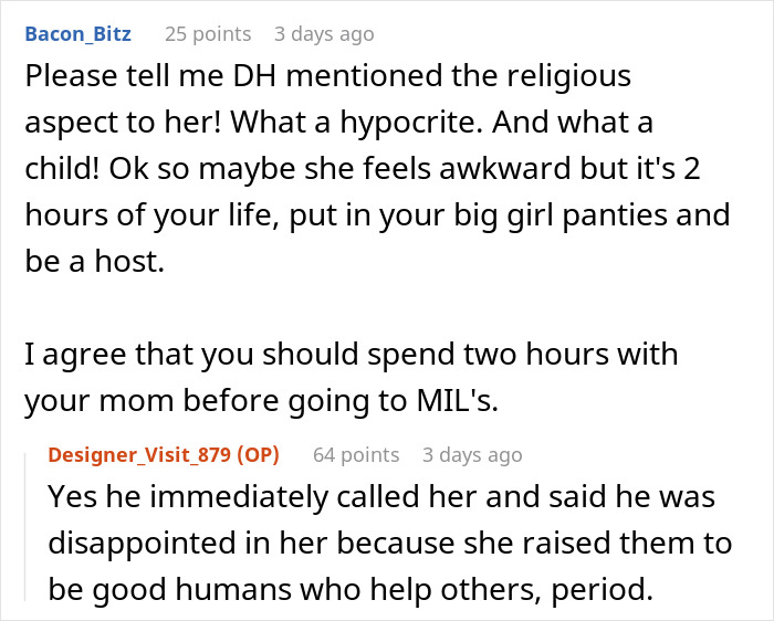 Reddit comments discussing MIL response to Christmas request, mentioning disappointment and spending time with mom first. Reddit comments discussing MIL response to Christmas request, mentioning disappointment and spending time with mom first.