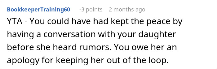 A comment expressing disagreement on a situation involving family financial problems and communication. A comment expressing disagreement on a situation involving family financial problems and communication.
