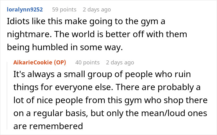 Comments discussing experiences at the gym, highlighting issues with rude individuals. Comments discussing experiences at the gym, highlighting issues with rude individuals.