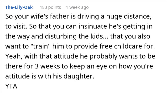 Comment discussing holiday season couple's fight over father-in-law's arrival time. Comment discussing holiday season couple's fight over father-in-law's arrival time.
