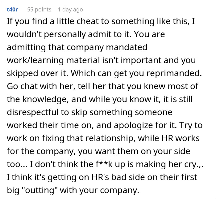 Reddit comment offering advice on handling HR issues caused by skipping work materials. Reddit comment offering advice on handling HR issues caused by skipping work materials.