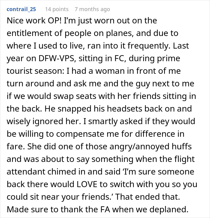 Text detailing an incident about an entitled plane passenger becoming upset over a denied seat swap request. Text detailing an incident about an entitled plane passenger becoming upset over a denied seat swap request.