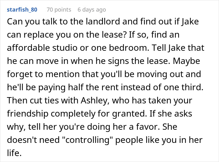 Text screenshot about refusing a roommate's controlling boyfriend from moving in. Text screenshot about refusing a roommate's controlling boyfriend from moving in.