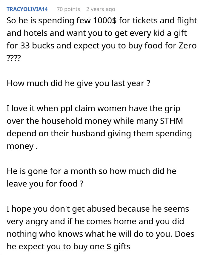 Social media post criticizing a husband for spending on vacation while limiting Christmas budget. Social media post criticizing a husband for spending on vacation while limiting Christmas budget.