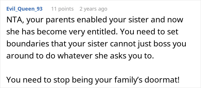 Text from a forum comment discussing boundaries and family dynamics related to babysitting and vacation. Text from a forum comment discussing boundaries and family dynamics related to babysitting and vacation.