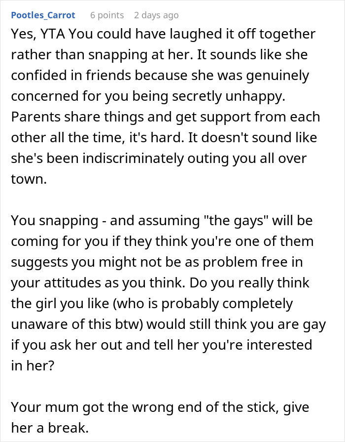Screenshot of a Reddit comment discussing family drama over assumptions about sexuality. Screenshot of a Reddit comment discussing family drama over assumptions about sexuality.