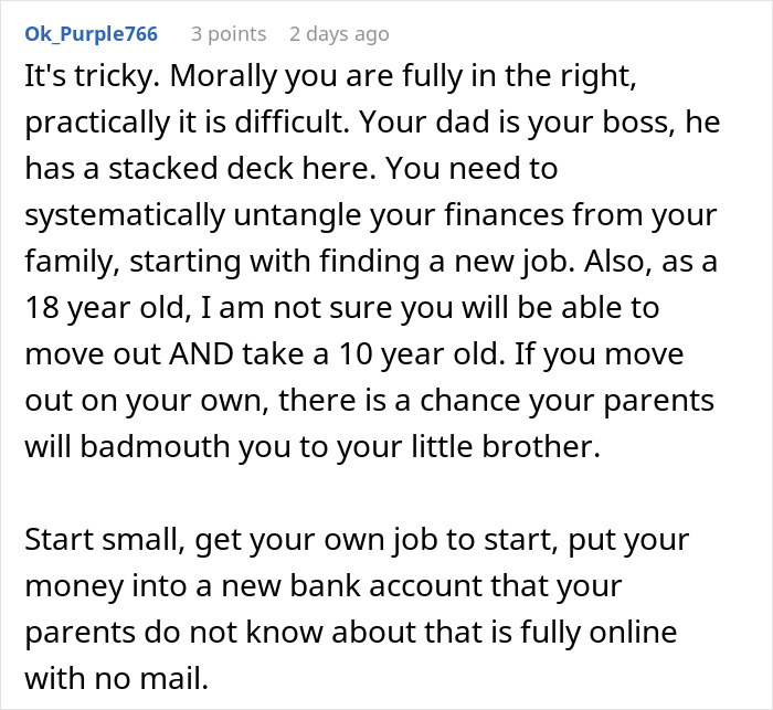 Advice on financial independence from parents; highlights new job and separate bank account. Advice on financial independence from parents; highlights new job and separate bank account.