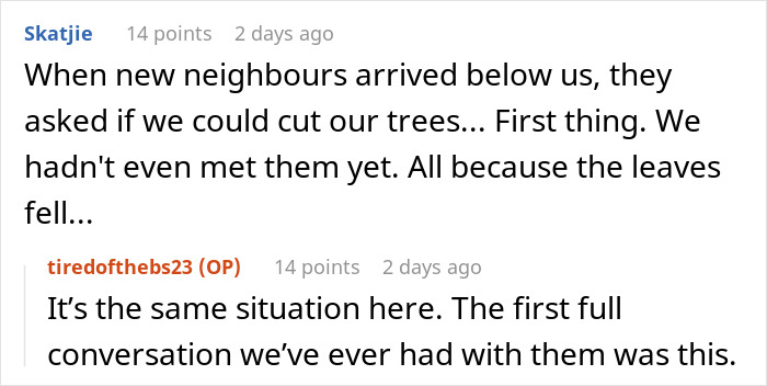 Text exchange discussing a neighbor's demand for tree cutting, reflecting petty revenge. Text exchange discussing a neighbor's demand for tree cutting, reflecting petty revenge.