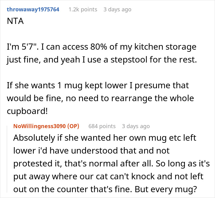 Reddit discussion about kitchen storage, featuring a debate over rearranging cupboards. Reddit discussion about kitchen storage, featuring a debate over rearranging cupboards.