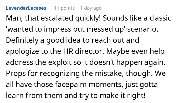 Comment discussing HR director's mental breakdown and advice on addressing mistakes professionally. Comment discussing HR director's mental breakdown and advice on addressing mistakes professionally.