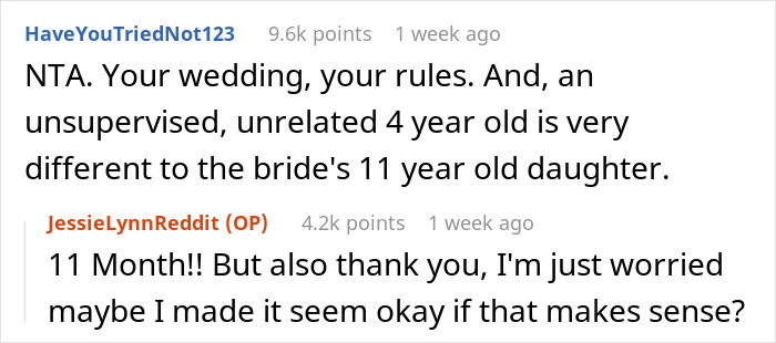 Reddit comments about an 11-month-old at a child-free wedding, with users discussing wedding rules. Reddit comments about an 11-month-old at a child-free wedding, with users discussing wedding rules.