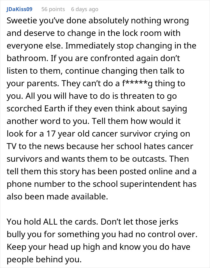 Text screenshot discussing a coach's advice for a teen to change in the bathroom, challenging the situation. Text screenshot discussing a coach's advice for a teen to change in the bathroom, challenging the situation.