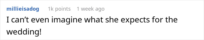 Comment about rejection of a proposal, expressing surprise at wedding expectations. Comment about rejection of a proposal, expressing surprise at wedding expectations.