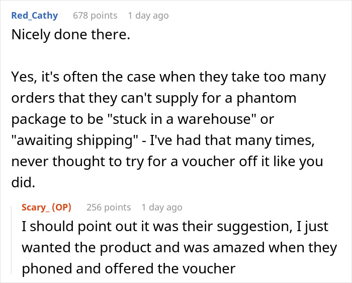 Reddit thread discussing a customer's persistence leading to delivery success and a voucher offer. Reddit thread discussing a customer's persistence leading to delivery success and a voucher offer.