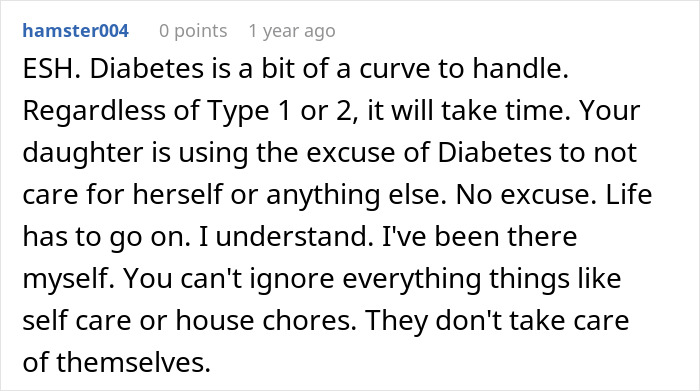 Comment discussing daughter's disease and chores debate on Reddit. Comment discussing daughter's disease and chores debate on Reddit.
