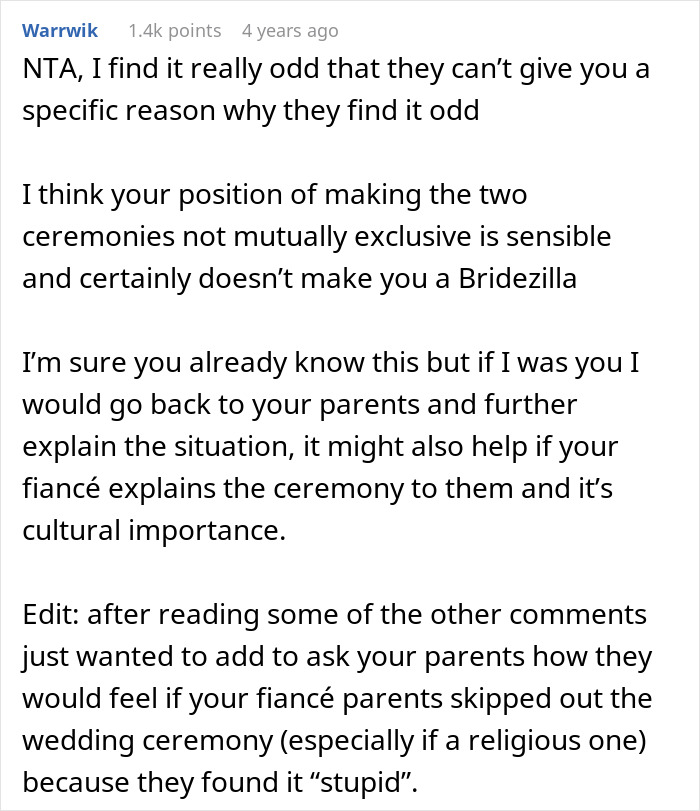 Reddit comment discussing bride's decision to ban parents over mocking fiancé's tradition. Reddit comment discussing bride's decision to ban parents over mocking fiancé's tradition.