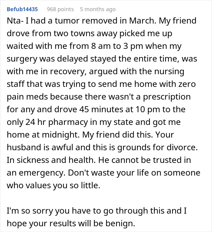 Reddit comment criticizing husband for leaving wife during surgery, emphasizing support from friends. Reddit comment criticizing husband for leaving wife during surgery, emphasizing support from friends.