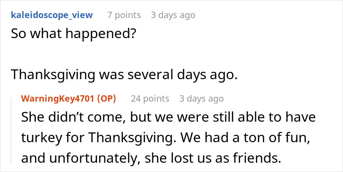 Thanksgiving party chat discussing turkey and absent friend over dog-related disagreement. Thanksgiving party chat discussing turkey and absent friend over dog-related disagreement.