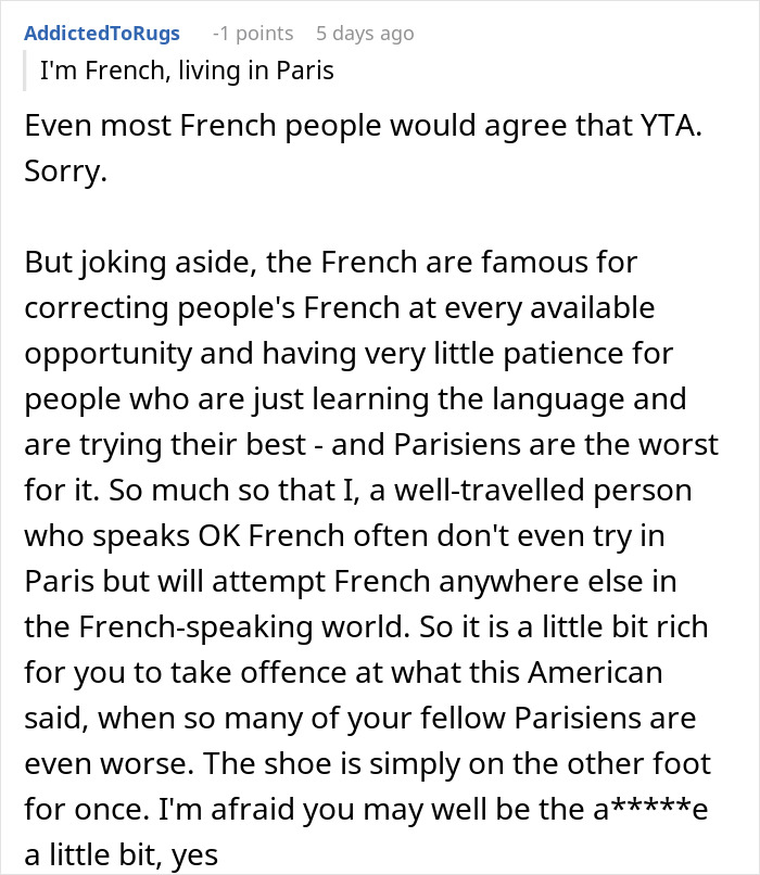 Comment discussing judgmental American mocking mispronunciation, criticized by French user. Comment discussing judgmental American mocking mispronunciation, criticized by French user.