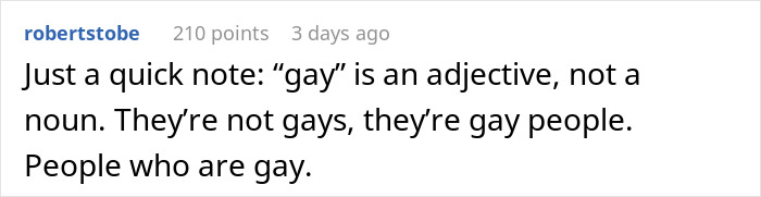 Comment highlighting correct usage of "gay" as an adjective, receiving 210 points on a forum. Comment highlighting correct usage of "gay" as an adjective, receiving 210 points on a forum.