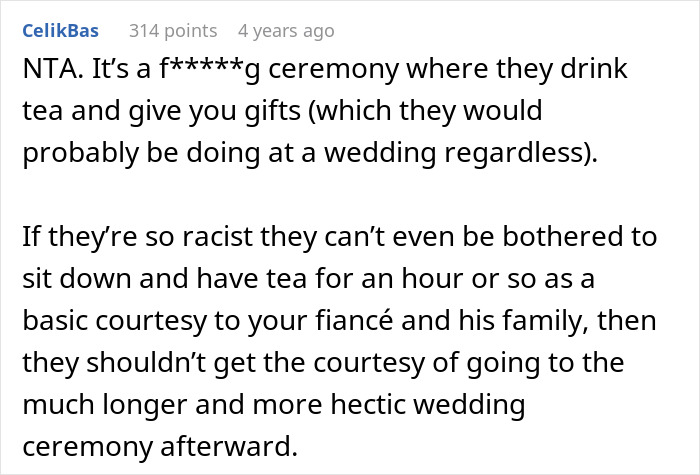 Text conversation about a bride banning parents for mocking fiancé's tradition and refusing participation. Text conversation about a bride banning parents for mocking fiancé's tradition and refusing participation.