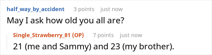 Online conversation about ages, mentioning a brother, related to ex-friend. Online conversation about ages, mentioning a brother, related to ex-friend.