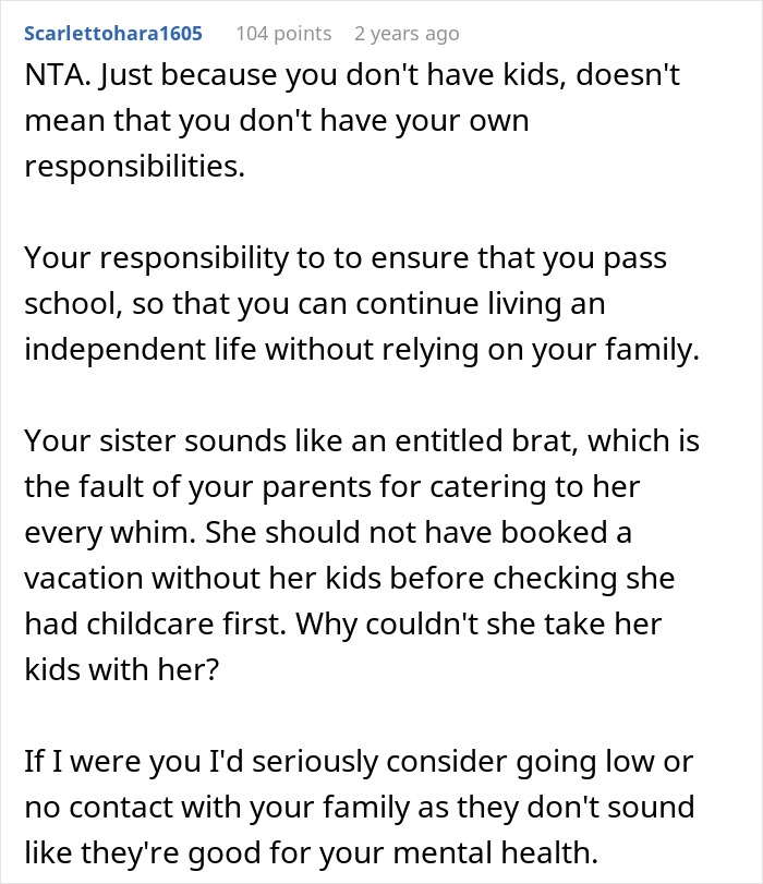 Reddit comment discussing a guy refusing to babysit his sister’s kids during her vacation. Reddit comment discussing a guy refusing to babysit his sister’s kids during her vacation.