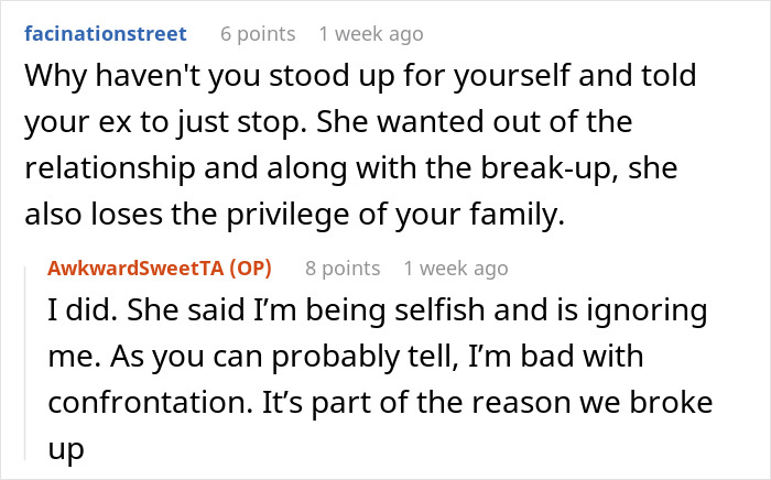 Reddit user seeks advice about family inviting ex to Thanksgiving and Christmas, discussing confrontation issues. Reddit user seeks advice about family inviting ex to Thanksgiving and Christmas, discussing confrontation issues.