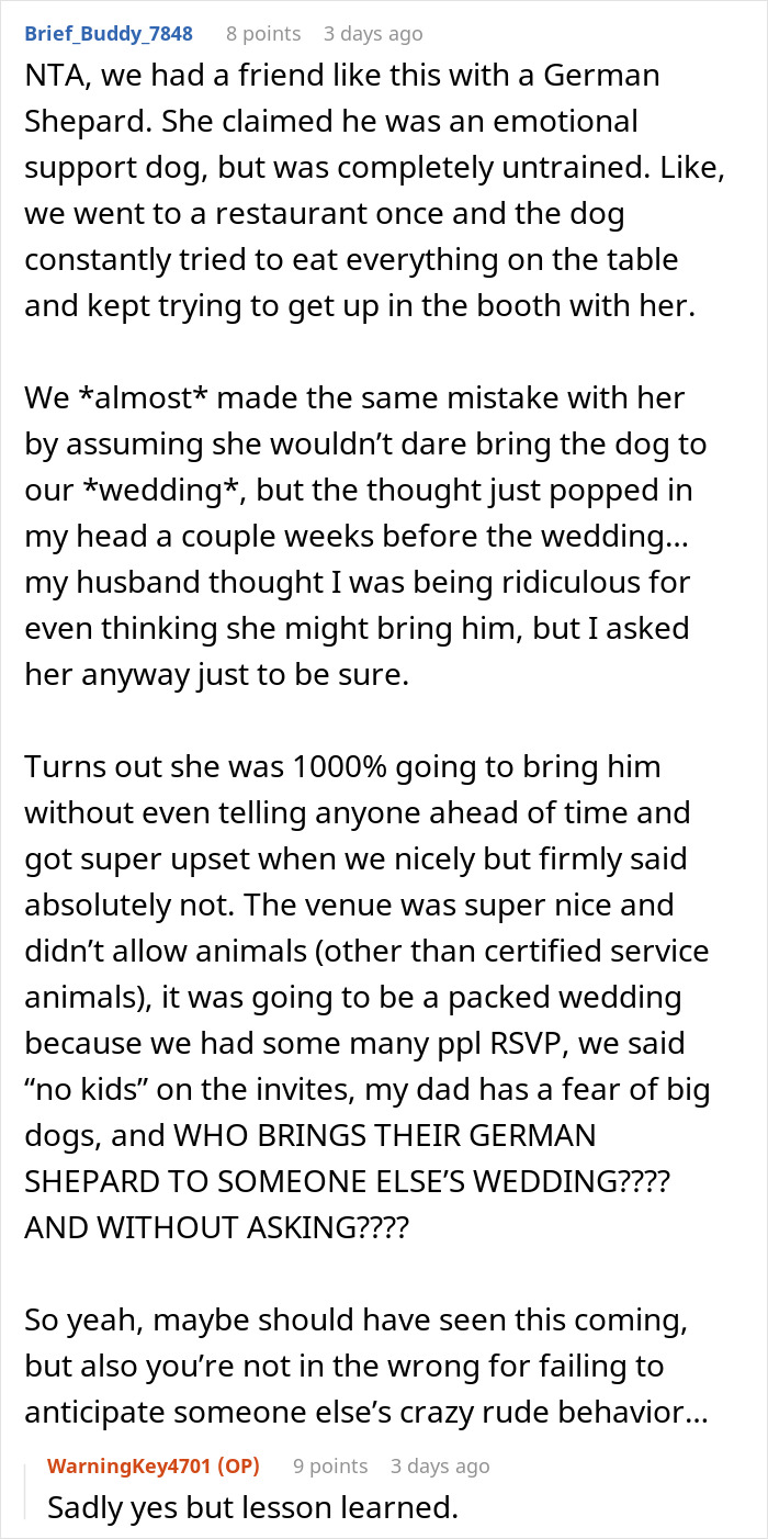 Reddit comment discussing a friend's untrained emotional support dog causing issues at events. Reddit comment discussing a friend's untrained emotional support dog causing issues at events.