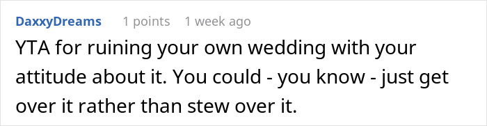 Comment criticizing a bride for bringing her baby to a child-free wedding. Comment criticizing a bride for bringing her baby to a child-free wedding.