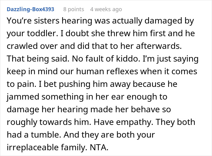Text comment discussing a toddler's concussion and its impact on a sibling's hearing, emphasizing empathy and family ties. Text comment discussing a toddler's concussion and its impact on a sibling's hearing, emphasizing empathy and family ties.