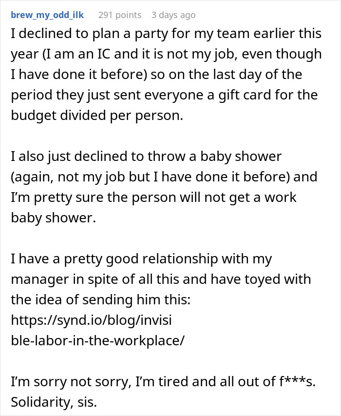 Text describing a person refusing to organize office parties, expressing frustration. Text describing a person refusing to organize office parties, expressing frustration.