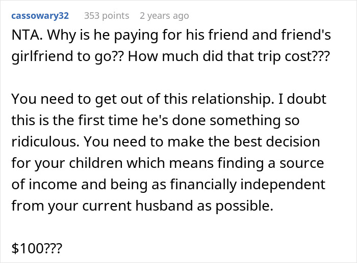 Comment discussing relationship issues and financial independence with reference to a $100 Christmas budget. Comment discussing relationship issues and financial independence with reference to a $100 Christmas budget.